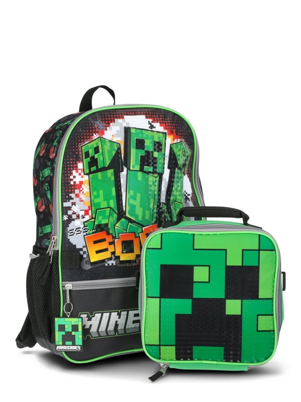 Boys Minecraft Backpack and Lunch Bag Set, Top Zip Closure, Side Mesh Pockets W